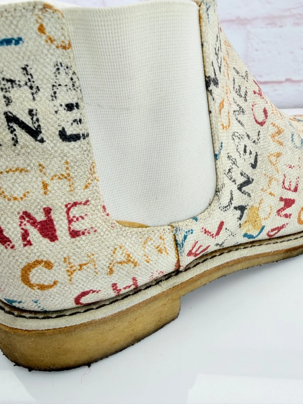 Chanel Graphic Multicolor Logo Canvas Chelsea Boots 41